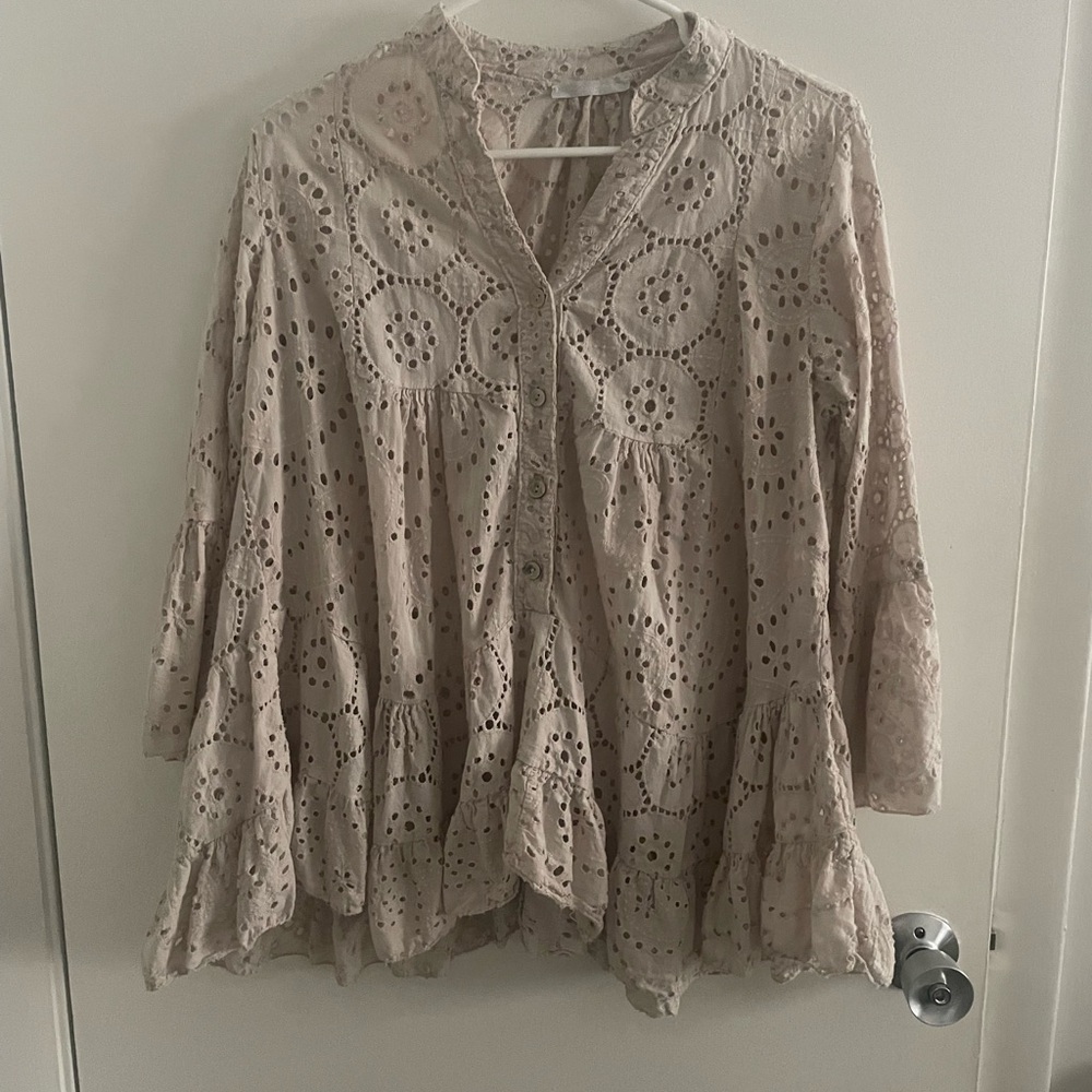 Elegant Beige Eyelet Lace Women's Top